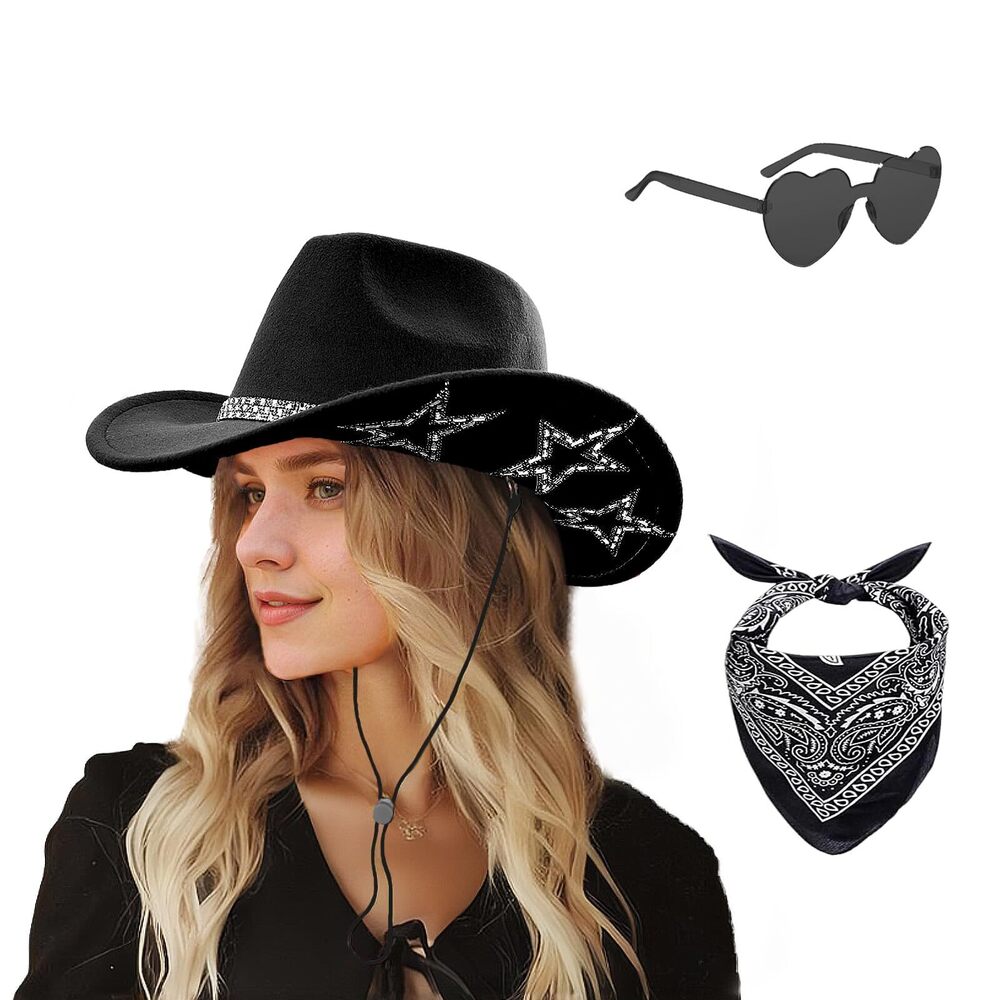 1522 Cowgirl Hat And Bandana Heart Sunglasses Glitter Rhinestone Star